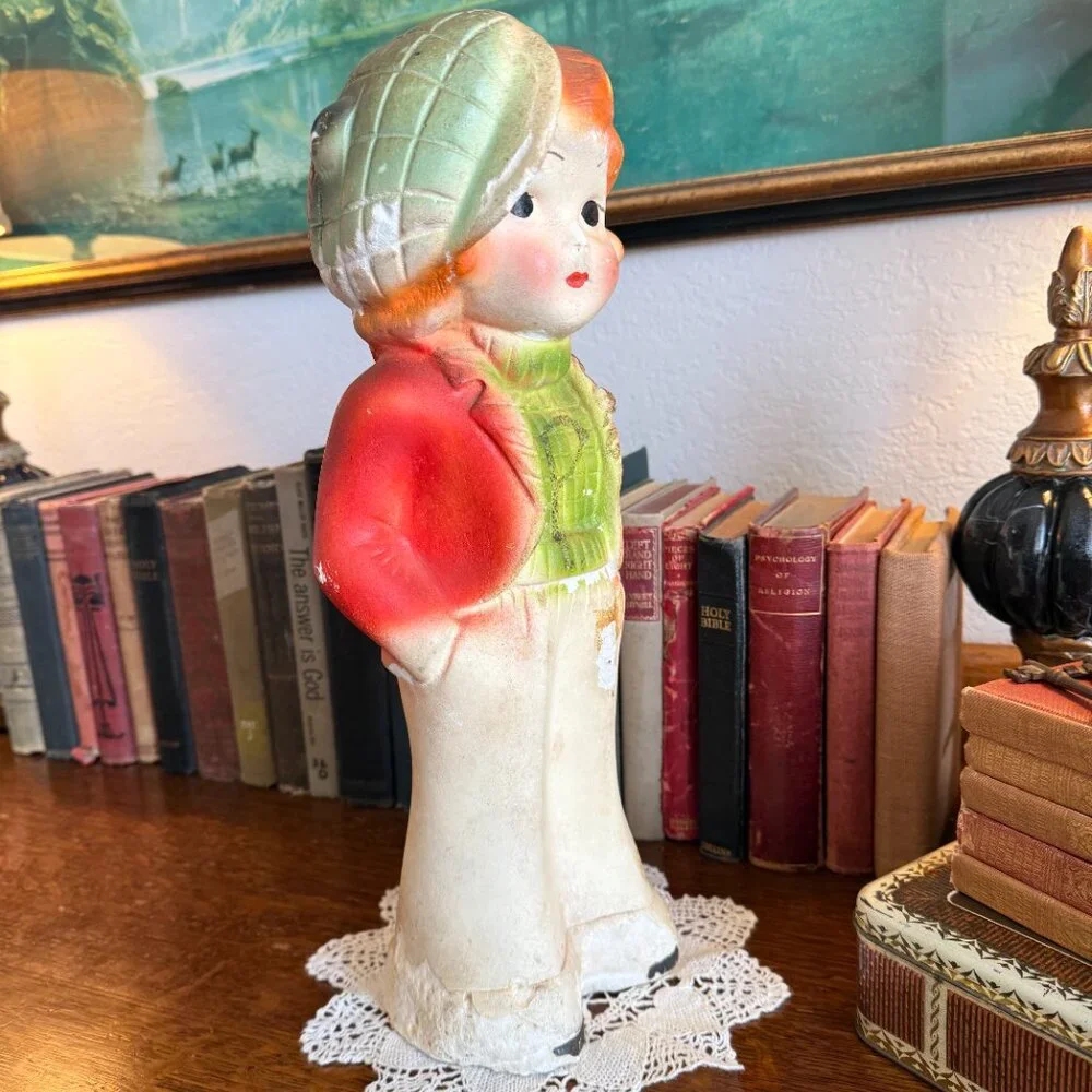 1930s Large Chalkware Carnival Prize Young girl with hat statue